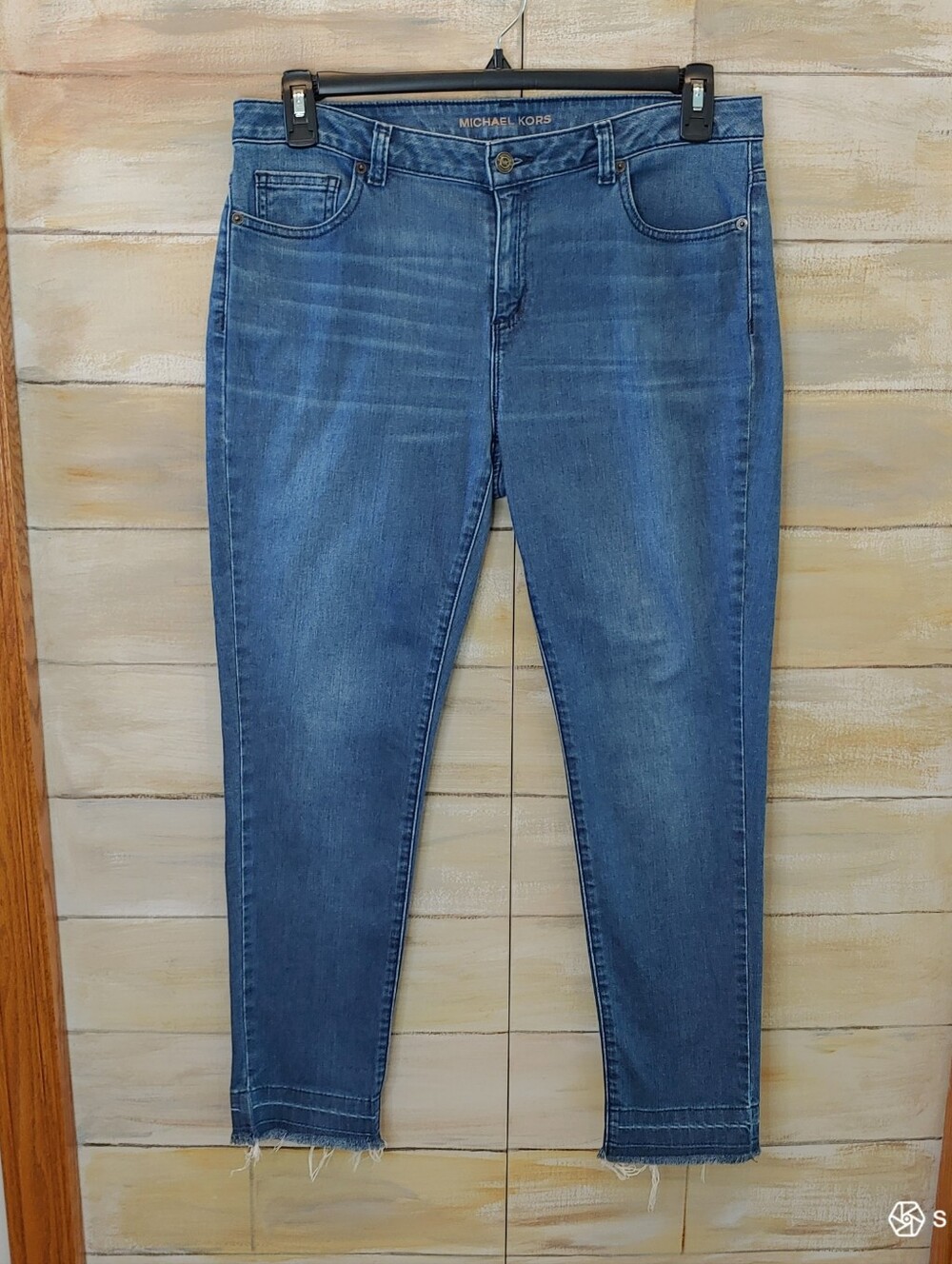 MICHAEL KORS Jeans logo Women IZZY Skinny Mid Rise Dark Wash Raw Hem sz 8 Y2K
